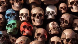 a picture of a dark, comedic, anatomically correct wall of colorful tightly packed stacked cyborg skulls of varying sizes and expressions, photo realistic, insanely meticulous, highly detailed, part of a collection of bones on display, 64k, dystopian, vray