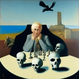 Putin, President Xi Of China And Joe Biden Play Chess With A Pigeon,Ufo And Atomic Bomb Mushroom Cloud,Complex Surgical Instruments Intermixed With A Newborn Boy,Minimalism,Painting By Adrian Ghenie,Rene Magritte,Pablo Picasso,Michelangelo,Salvador Dali,Lucian Freud