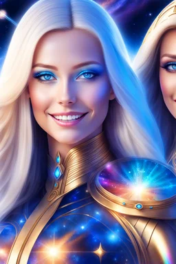cosmic woman smile, admiral from the future, one fine whole face, crystalline skin, expressive blue eyes,rainbow, smiling lips, very nice smile, costume pleiadian, Beautiful tall woman pleiadian Galactic commander, ship, perfect datailed golden galactic suit, high rank, long blond hair, hand whit five perfect detailed finger, amazing big blue eyes, smilling mouth, high drfinition lips, cosmic happiness, bright colors, blue, pink, gold, jewels, realist, high commander