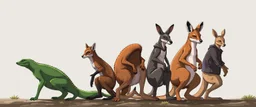 evolution from lizard foxes to kangaroos men looking cool, anime style