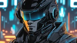 A man wears a black glass Cyberpunk helmet , full helmet, Changshan, black and blue color, solo leveling shadow drawing style, neon, intricate details, highly detailed, high details, detailed portrait, masterpiece,ultra detailed, ultra quality