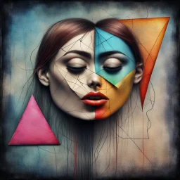 Whimsical kissing: This strange asymmetric abnormal kissable beautylady has a head that looks like a triangle, a square and a circle sewn together with cords. Colorful abstract art, mixed media. Disturbing, turpistic, dark. Scratches. Kissing background.