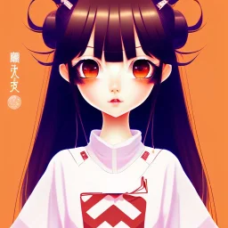 Japanese girl with big brown eyes and long black hair with bangs, cute, beautiful, kawaii, anime, cartoon