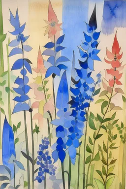 Watercolour of delphiniums in the style of Paul Klee
