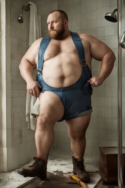 full figure photo, burly big chubby russian plumber, dirty, ripped overalls, 33 years old, crossed arms, shaved, short beard, manly chest, virile, arms, ugly, big thighs, under the flushing shower, sunlight , photorealistic, 35mm lens, ultra detailed