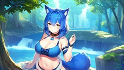 Girl look like wolf, wolf paws on hand , animal paws, wolf ears, wolf tail,blue hair, open navel,(2: big breasts), forest, river, collar on neck,sit.