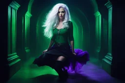 [art photo by Aktonymus] In the dimly lit chamber, her alluring silhouette captivated with violet boots and white hair framing her in romantic Scandinavian charm. Clad in a green t-shirt, she exuded a mysterious allure, embodying the essence of the Cthulhu mythos as a dark sorceress from the ocean depths. Her gaze, with huge, adorable eyes, hinted at ancient whispers and untold powers that stirred the imagination of all who beheld her.