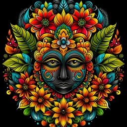 a colorful quakka face around big flowers mandala black background for coloring book cover