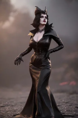 Morrigan Hel as evil queen in black leather gown, cleavage, angry, unreal 5, octane render,cinema4d, dynamic lighting, dramatic lighting, 4k, redshift render, highly detailed, hyper realistic