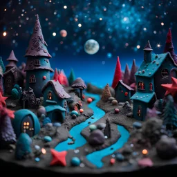 Detailed creepy landscape made of modeling clay, people, village, stars and planets, naïve, Tim Burton, strong texture, extreme detail, Max Ernst, decal, rich moody colors, sparkles, bokeh