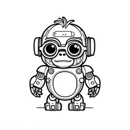 coloring page, no shadow, no shading , minimalistic art , High Quality Pixels a Cute and Playful kawaii Orangutan robot, add sunglass , thick line , blod line, very low details, with white background, simple coloring page