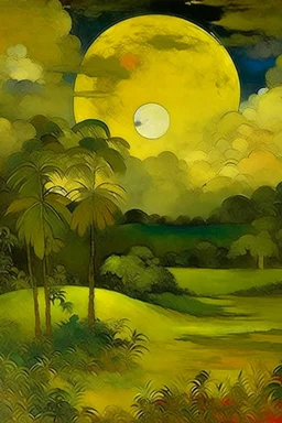 Full moon in the clouds in a dark gold rainforest near a field painted by Paul Gauguin