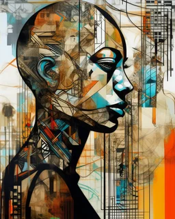 an extreme abstract acrylic and ink and battered paper photo collage poster of a heavily stylized factory worker, an unexpected arafed improbability with a checkered juxtaposition, liminal space, tribal patterns, memories of negative space, amazing reflections, amazing curves, amazing transparency, split vibe, double exposure influence, heavy zigzag vibe, semi-side view, afrofuturism