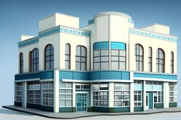 two floor commercial building in the style of a pharmacy, building length 50 meters