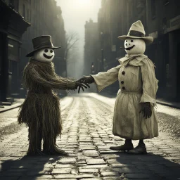 sinister weirdcore, Snowman vs Scarecrow, Snowman shaking hands with a scarecrow in middle of city street in the summer, by leszek Bujnowski and Alex Majoli, mind-bending hyperrealism, weirdcore, something strange about to happen, sunny day natural lighting