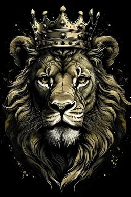 Illustrate a front-facing view of a regal lion with a crown, using pronounced chiaroscuro shading to emphasize its royal status. The lion's face should be exquisitely detailed, showcasing a dramatic contrast between the deep shadows and bright highlights, rendered with bold and delicate lines. Adopt a high-contrast, modern graffiti aesthetic, with a spray-painted, splatter-textured style, omitting any text or extraneous lines. Center this artwork on a pure white background