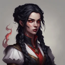 portrait; solid background; dungeons and dragons; human; female; braided black hair; red eyes; vampire spawn; noble; scholar