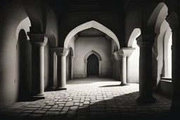 generate an image dark room in Omani old castle like a draw minimal style black and white pencil style.