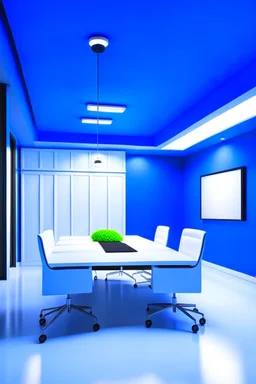 Meeting room with blue walls and white floor