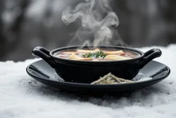 a plate of steaming soup, hig realistic, high contrast, sharp focus, gloomy mood, winter, blur background, perfect shot, perfect composition