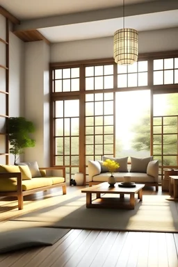 Japanese style interior design with a sofa and armchair, large living room with sunlight