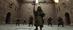 integrated_multimodal_description: [Shot 6] An eight-second cinematic fantasy scene in an ancient stone courtyard of a Forgotten Realms castle, late afternoon. Begin with a low wide establishing shot moving slowly forward toward a young wizard in a weathered green cloak and his adventuring companions, a rugged barbarian and cautious ranger. Two goblins approach in the background. The camera gently arcs around the wizard as he raises his staff and confidently begins a summoning spell. Cut to a ti
