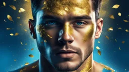 Surreal Portrait of Brutal European Male Athlete, Calm background in muted gradient, volumetric lighting, Leaf Gold, Gold fragments, Glitter, glare, glow, serene and mysterious aura, Surrealism, Impasto, textured, shades of Blue, Yellow, 3D, 8K, best quality, fine rendering, high detail, hyperrealism, high resolution, high definition, multi-layered, hyperfocus, abstract vector fractal, wave function, Zentangle, 3D shading,