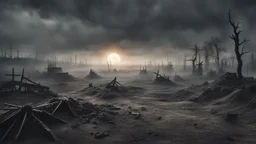 a flat apocalyptic nuklear landscape covered in dark gray dust. ancient battle field. broken skeletons everywhere. dead sun. dark grey fog. seen from the ground. fantasy, horror. no trees