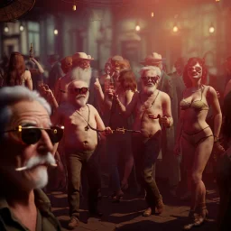 Realistic photo, medium shot view, old man, cabaret scene, steampunk. Women, Drunken, Sunglasses, smoking, happy, hot. Many people background, highly detailed, concept art, unreal engine 5, ray tracing, RTX, lumen lighting, ultra detail, volumetric lighting, 3d, finely drawn, high definition, high resolution.