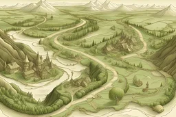 créer une carte illustrée dessinée au crayon de papier, représentant plusieurs parcelles d'un grand vignoble, dans les codes graphiques de la carte du seigneur des anneaux, avec des dessins d'une grande maison bourgeoise, des rivières, des collines, et des villages