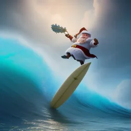 Santa standing of surfboard surfing a big wave, surfboard, beach, character design by cory loftis, fenghua zhong, ryohei hase, ismail inceoglu and ruan jia. unreal engine 5, artistic lighting, highly detailed, photorealistic, fantasy