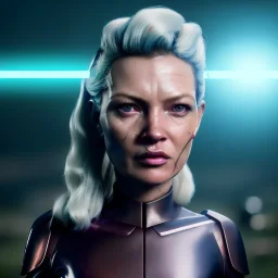 Ultra Realistic retro sci-fi movie war scene, waist up view portrait, blonde Jedi woman pointing a gun, sweet Kate moss face, perfect iris, glow eyes, makeup, weapon. Drones background, Retro sci-fi style, helmet, tight latex coat, fog, rain, soft color, highly detailed, unreal engine 5, ray tracing, RTX, lumen lighting, ultra detail, volumetric lighting, 3d, finely drawn, high definition, high resolution.