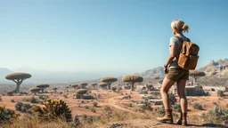 A photorealistic image of a slender 60-year-old woman, in brown shorts, a shirt and boots, with a backpack, standing on a hill looking down on a derelict futuristic village with low flat alien buildings with trees and fungi in clumps, right blue sky.
