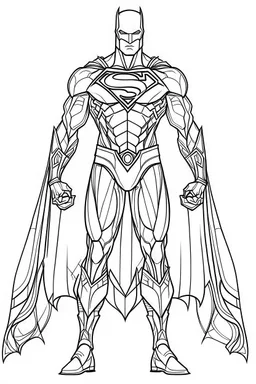 outline art An evolved Superman.Batman cinematic lighting, high resolution 3D render art coloring pages with witch, white background, Sketch style, full body, use outline, Mandala style, clean line art, white background, no shadows and clear and well