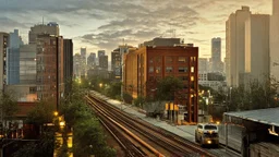 A cityscape at night with a train track running through the center, surrounded by tall buildings and a cloudy, dramatic sky