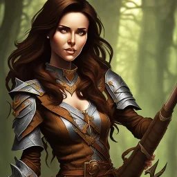 dungeons and dragons, female wood elf, druid, brown hair, brown eyes, full body, realistic face, short hair, large nose, closed mouth, leather armor, dark skin, one person, blue scarf