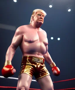 Donald trump wrestling, flash lights, fighter, naked torso, color breeches, suspenders, retro style, 80s, hot ambient, photo studio, red, gold, vibrant color, gradient, highly detailed, art stations, concept art, smooth, unreal engine 5, god rays, ray tracing, RTX, lumen lighting, ultra detail, volumetric lighting, 3d, finely drawn, high definition, high resolution.