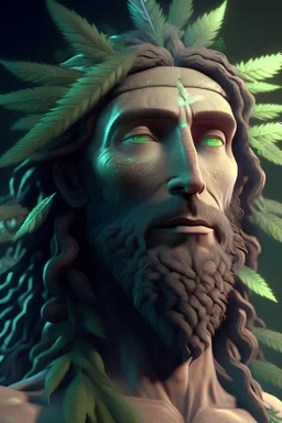 Animacion 3d realista de un hombre con mirada misteriosa que es amigo de los dioses. Se dedica a cultivar cannabis y curar al mundo con sus plantas. Su rostro posee una barba en forma de cogollo de color verde dorado,usa gorra tipo snap y lentes espejados tipo ray ban