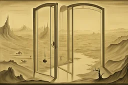 a surreal open glass gate in a glass wall with a view of a desolate landscape, fog, monochrome, strong contrasts, by artist "Leonora Carrington",by artist "Salvador Dali"