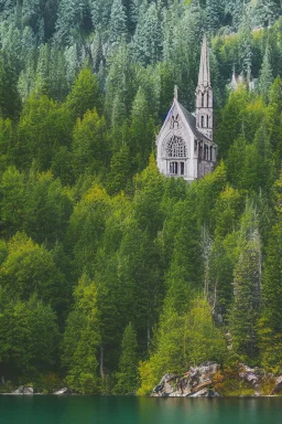 gothic building on a lake shore with fantasy trees and rocks