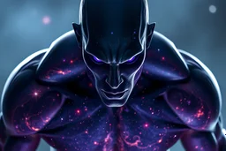 a colossal muscular godlike blurred faceless humanoid figure with transparent body made of swirling galaxies and nebulae, piercing glowing purple eyes, sharp focus, high contrast, dark tone, bright vibrant colors, cinematic masterpiece, shallow depth of field, bokeh, sparks, glitter, 16k resolution, photorealistic, intricate details, dramatic natural lighting