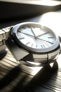 Create a realistic image of a white dial watch under natural sunlight. Emphasize the way light interacts with the watch surface, highlighting the texture and shine of the dial and the reflections on the watch glass.