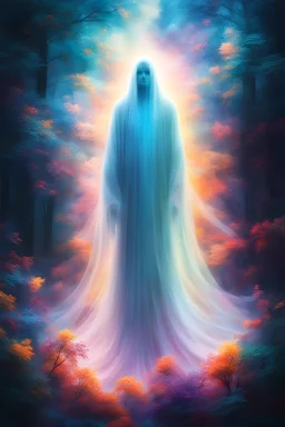 In a mesmerizing and ethereal manner, an otherworldly being emerges in the form of a translucent anime ghost. This exquisite and captivating image, resembling a digital painting, showcases the ghost's ephemeral nature, seamlessly blending with the vibrant colors of its surroundings. With an aura reminiscent of pure radiance, the ghost's translucent figure appears as if touched by divine light. Its flowing, iridescent robes create an illusion of movement, while the delicate patterns intricate