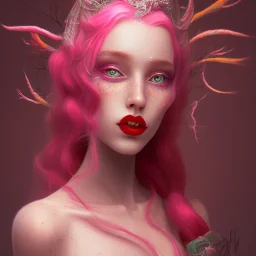 An imitating beauty. Pink witch made of fire with red eyes. Long curly wild pastel pink hair. Pink and red eyeshadow. Red lipstick. Pale skin with freckles and a round face. With a big pink witch hat.