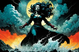 create a surreal horror comic style full body illustration of female vampire conjuring a violent storm , with highly detailed facial features, in the comic art style of RICHARD CORBEN and FRANK FRAZETTA, searing lines and forceful strokes, precisely drawn, boldly inked, with gritty textures, vibrant colors, dark and dramatic otherworldly lighting