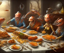 supper, fish sit at the table and eat pieces of people.