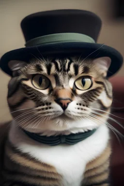 Una gata con vestido a lunares y sombrero