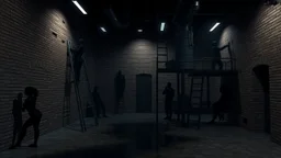 The image features a surreal, industrial-looking environment characterized by brick walls and a series of unusual structures. Shadowy figures, resembling human forms, are positioned in various poses throughout the space, interacting with ladders and platforms. The setting is dimly lit by overhead lights, contributing to a mysterious and somewhat eerie atmosphere. There are areas of water and a door visible, adding to the complex layering of the environment.