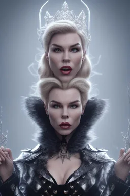 Hannah Waddingham as evil queen in black leather, busty, cleavage, dominatrix, curvy, angry, stern look. unreal 5, octane render, cinema4d, dynamic lighting, dramatic lighting, 4k, redshift render, highly detailed, hyper realistic,anthropomorphic black wolf long