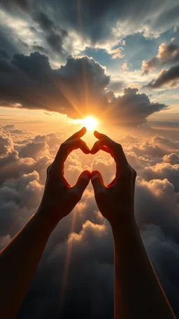 Sun light above swirling clouds, emerges from the heart of a raging storm. Turbulent winds of steam swirl around the earth lit by shafts of sunlight that cast dramatic shadows on the A beautiful 2 hands making a heart shape sign , High quality 16k cinematic scene and great photography